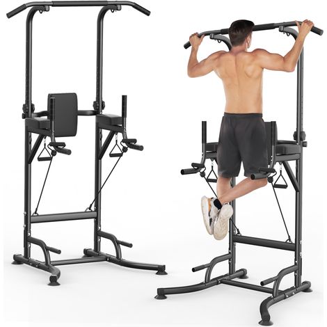 Barre de traction ajustable - Power Tower multifonction - Réglable 12 niveaux - Charge max 150kg - Banc de Musculation Power Tower Sport Fitness à Domicile - Pull Up Bar Noir - Structure acier