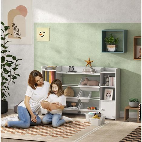Étagère de rangement pour enfants blanche avec 8 bacs amovibles, 140 x 30 x 90 cm, MDF et métal (1/5)