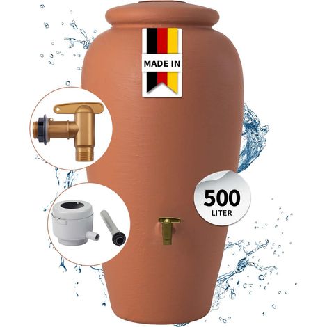 GARANTIA Amphore Regentonnen Komplett-Set 500 Liter terrakotta inkl. Kunststoff-Auslaufhahn und Fallrohranschluss (1/5)