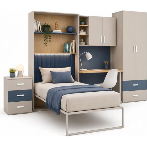 Cameretta Completa Con Letto A Scomparsa Scrivania Armadio Cassettiera Salvaspazio In Melaminico Per Camera Bambini Ragazzi Stanza Ospiti 133 X 208.5 X 45-216 Cm Cashmere E Blu (1/5)