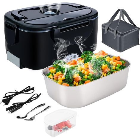 Lunch Box Chauffante Électrique 4 en 1 12V/24V/220V240V, 1.5L 60W Acier Inox Chauffage Rapide Gamelle, Boîte Repas Amovible, pour Bureau, École, Voyage, Voiture, Avec Sac Isotherme (1/5)
