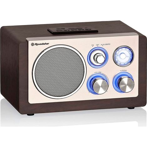 Radio vintage portable HRA1345N – FM analogique – USB et lecteur carte SD – Boîtier bois compact – 2W RMS – Antenne télescopique – Roadstar (1/6)