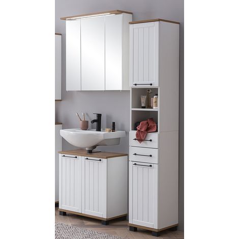Badmöbel Set mit LED-Beleuchtung im Landhaus-Stil, 3-teilig, weiß matt mit Eiche Nb. JAUSA-80 (1/5)