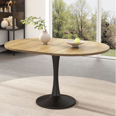 Mesa extensible de comedor ovalada 140 x 100 x 75 cm, MDF y hierro, color roble DESVIAE (1/5)