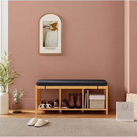Banco zapatero de bambú 102/33/45 cm con asiento acolchado y 3 compartimentos (1/5)