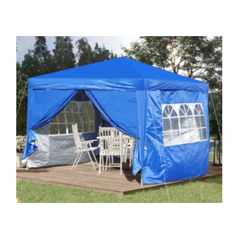 Pavillon 3x3 m pliant imperméable,résistant hiver,4 murs,4 sacs sable. UV50+,cadre acier bleu pour jardin fête camping.