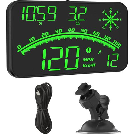 Compteur de vitesse GPS, affichage tête haute de voiture avec compteur de vitesse GPS, boussole, écran HUD données en temps réel et support à ventouse (universel pour toutes les voitures) (1/5)