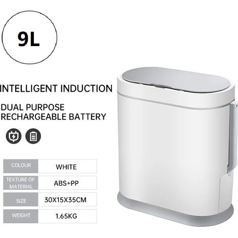 Poubelle de salle de bain automatique rechargeable blanche de 9 L avec couvercle et brosse WC intégrée, capteur intelligent. (1/5)