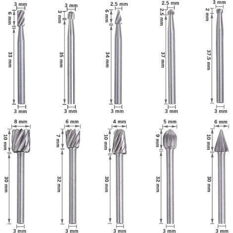 Lot de 5 fraises à râpe rotatives en forme de burin, tête de meulage en relief et 10 pièces de tige de 1/8" HSS pour fraises à bois (1/5)