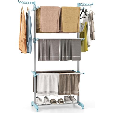 Costway – Séchoir à linge pliable 3 niveaux – Tubes métalliques antirouille – 24 tiges de suspension – Roulettes pour déplacement facile – Pour intérieur et extérieur (1/5)