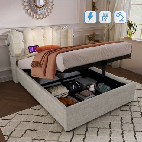 Polsterbett 95/206/103 cm natur aus Leinen mit Stauraum und USB-Leselicht (1/5)