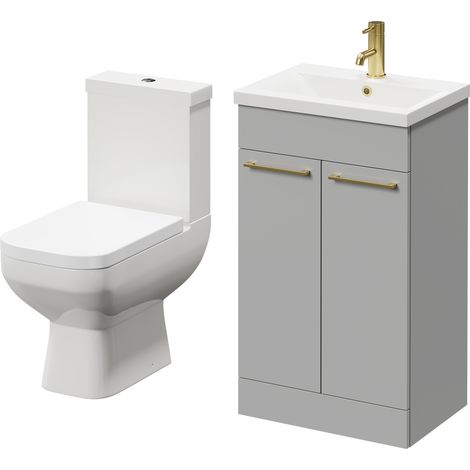Turin Gloss Grey Pearl 500mm Floor Standing Vanity Unit and Toilet Suite with 1 Tap Hole Basin and 2 Doors with Brushed Brass Handles (1/5)