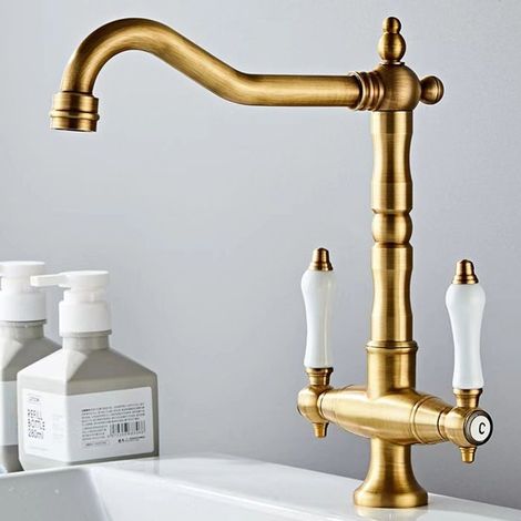 Robinet de cuisine antique pivotant à 360° - Robinet d'évier à deux poignées - Mitigeur haute pression - Bec haut en laiton (1/4)