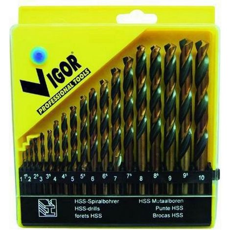 Vigor 41265-10 Serie Punte HSS Bi-Action per Metalli 19 Pezzi Diametri 1-10 mm