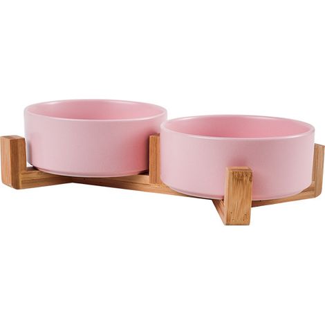 Distributeur de croquettes en céramique avec support en bois - Double gamelle anti-fuite pour chiens et chats - Gamelle pour nourriture et eau pour petits animaux - Gamelle d'eau inclinable - Usage in (1/5)