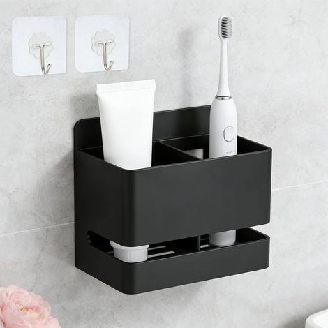 Support Brosse À Dents Mural en Aluminium Noir, Organisateur Salle De Bain 2 Compartiments avec 2 Crochets Transparents, 11 x 7 x 9,8 cm, sans Percer (1/5)