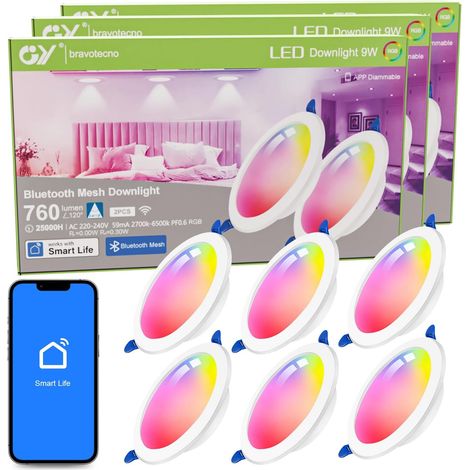 Lot de 2 Spots RGBW WIFI Bluetooth Smart Encastrables Led Dimmable, 9W, 760 lumen, 230V, Interrupteur tactile,éclairage plafond encastré pour Cuisine, exposition,Salon, Couloir, bars,Galerie