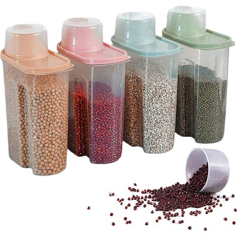 4 Pièces Conteneur de Stockage Céréales, Boite Cereales, Contenants Céréales Plastique, Réservoir Stockage Céréales,pour Nourriture Sèche, les Céréales, la Farine, le Café avec Gobelet Doseur (large) (1/4)