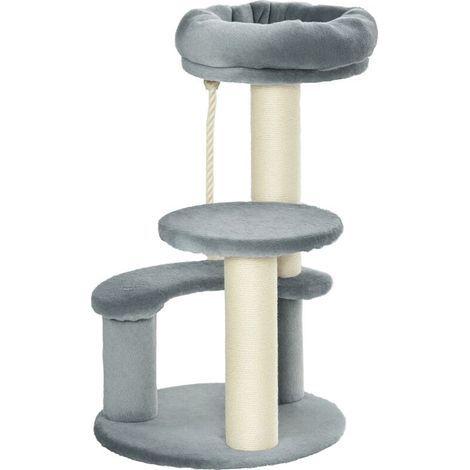 Cat tree with 2 natural sisal scratching posts, 3 climbing rope platforms, dimensions: Ø 40 x 65H cm, high-density plush 500 g/m², grey (1/5)