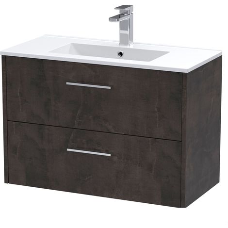 Winshill Contemporary 2 Drawer Wall Hung Vanity Unit with Minimalist Basin, Metallic Slate, 800mm