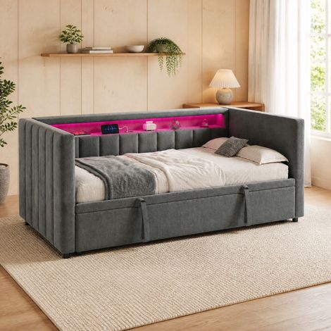 Schlafsofa 90x190 cm aus Holz und Metall, dunkelgrauer Samt, LED für Gäste, ohne Matratze – MEUBLIV (1/5)