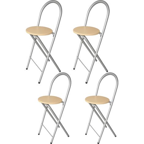 KMH® 4er-Set Barhocker Bill – Klappbar & platzsparend, Silberfarben/Buchendekor – Hocker mit Rückenlehne & Fußstütze, Stahlgestell, 73,5 cm Sitzhöhe – stabil & vielseitig für Küche, Bar & Events (1/5)