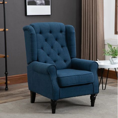 Fauteuil bergère 74/86/102 cm bleu, capitonné avec dossier haut et pieds en bois (1/5)