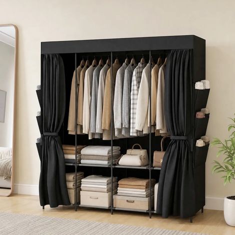 Armadio in tessuto, antipolvere, portatile, con 5 barre appendiabiti, 170 x 45 x 167 cm, nero. (1/5)