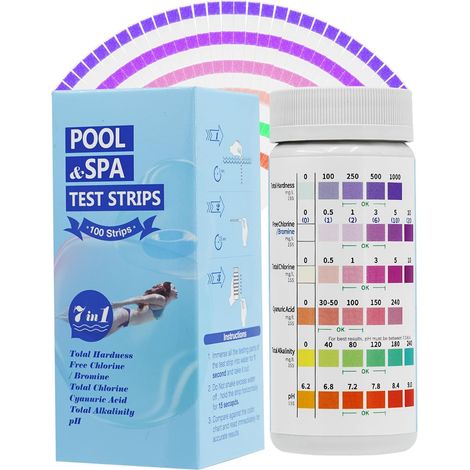 7 en 1 Testeur Chlore pour Piscine et SPA, 100 Bandelettes de Test pour Chlore Libre, Chlore Total, Brome, Dureté Totale, Alcalinité Totale, Acide Cyanurique et pH (1/5)