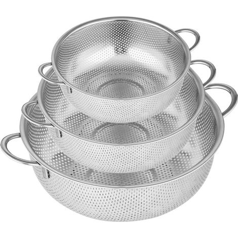 Set di 3 scolapasta da cucina in acciaio inox, pieghevoli, microforati con manici per il risciacquo, ideali per scolare pasta e verdure, filtrano finemente.