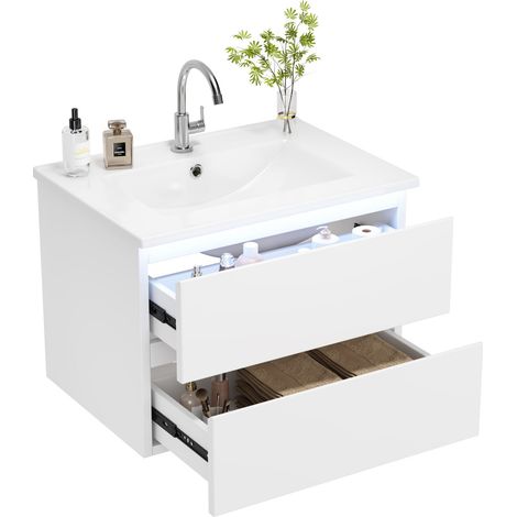 Meuble vasque suspendu 61×46×45 cm, finition laquée haut de gamme, avec lampe LED à capteur radar, 2 tiroirs à glissières silencieuses, lavabo intégré, design minimaliste, blanc