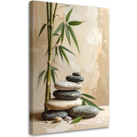 Tableau déco Pierres zen spa feuilles de bambou beiges 60x90 (1/4)