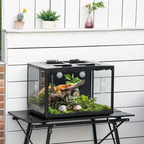 Terrarium pour tortues terrestres - 60x40x40,5 cm - iguanes - geckos et reptiles avec thermomètre 18-34°C - caméléons - noir