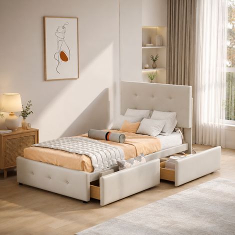 Lit capitonné 90×200cm, lit coffre avec 2 tiroirs de rangement, lit enfant simple, tête de lit réglable, grande capacité, style moderne, sommier à lattes, lit ado, Velours, Beige (1/5)