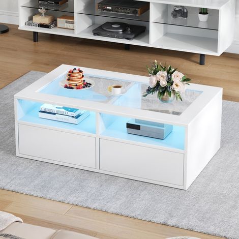Table Basse Finition Brillante avec LED et Plateau en Verre - 100x50x35cm - Table de Salon Double Niveau avec 2 Tiroirs - Blanc (1/5)