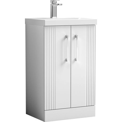 Belvide Partial Fluted 2 Door Floor Standing Vanity Unit with Mid-Edge 1 Tap Hole Ceramic Basin - 500mm - Satin White (1/4)