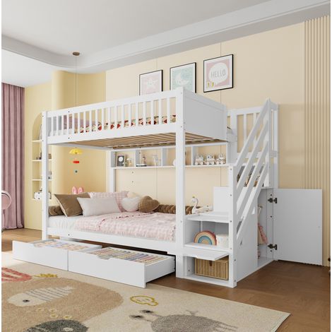 Litera infantil 254x95x165 cm de madera y MDF blanco con almacenaje integrado – MEUBLIV (1/5)