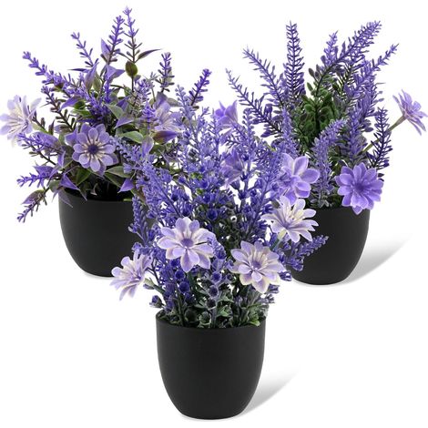 3 x Artificial Lavender Plant Decorative Interior 21 cm Mini Artificial Flowers in Pot with Black Flower Pot for Gardens and Display Case of a Florist Artificial Plant Outdoor (1/5)