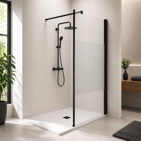 Onbath's Paroi de douche 90x195 en verre securit 6mm avec bande centrale dépolie - Accessoires en noir mat