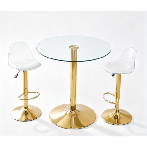Set bar con tavolo in vetro trasparente da 89 cm e 2 sgabelli regolabili, struttura dorata (1/5)