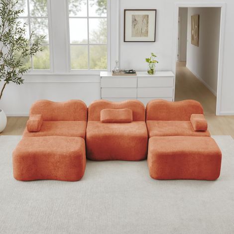 Canapé modulable 3 places U 288x167x70cm, sans armature, 2 poufs, mousse 32D, accoudoirs amovibles, velours orange (1/5)