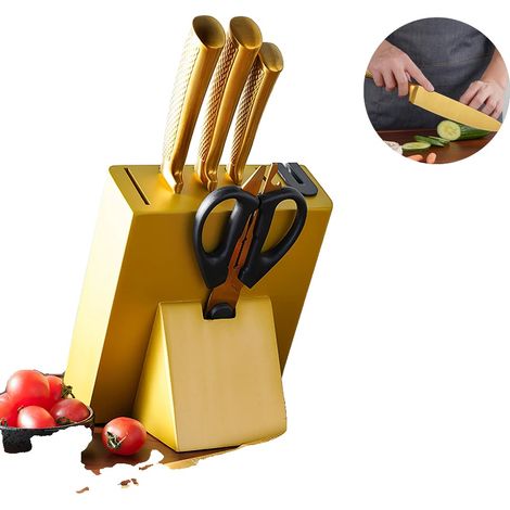 Juego de cuchillos de cocina, acero con revestimiento de titanio, afilador incorporado, color dorado. (1/2)