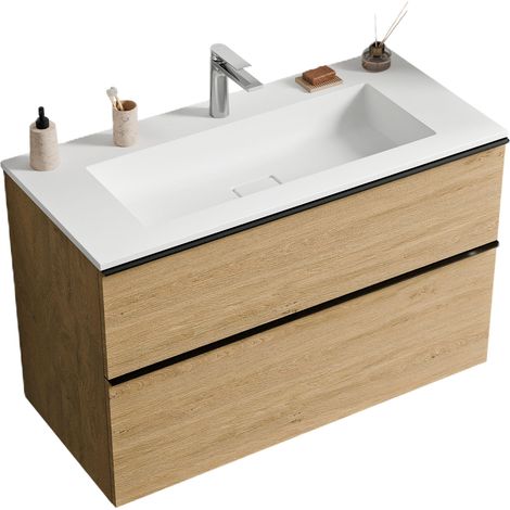 Unterschrank Bernstein LAVOA 100 cm mit Mineralguss Waschbecken BRUXELLES - Griff Chrom, Badmöbelfarbe Eiche Honiggold, Waschbecken Weiß matt mit Hahnloch