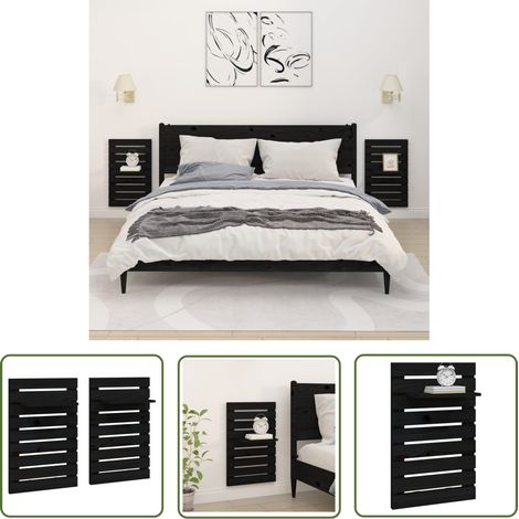 Étagères de chevet murales 2 pcs Noir Bois de pin massif (1/5)