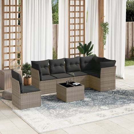 Set de sofás de jardín 7 piezas con cojines ratán PE gris vidaXL (1/3)