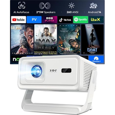 Xgody A1 Android 14 Video Projector, Mini Portable Decoder 4K  Autofocus, Obstacle Avoidance, Auto Calibration, WiFi 6 Bluetooth 5.4, 180° Rotating, 260 ANSI, Indoor Home Theater (1/5)