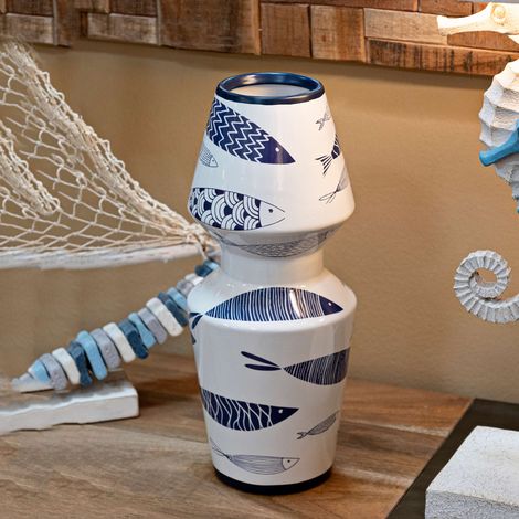 Vaso Verra, Disegni con Pesci, Bianco, Colore Struttura blu