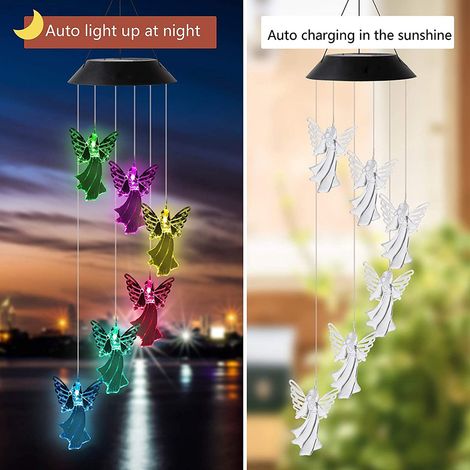 Carillon solaire lumineux d'extérieur en forme d'ange, 7 couleurs changeantes, mobile solaire étanche, carillon LED pour la décoration de la maison, des fêtes, du jardin et de la cour. (1/3)