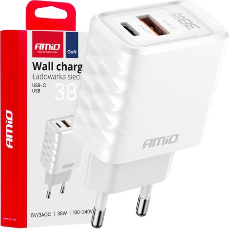 Schnelllade-GaN-38W-USB-A- + USB-C-amio-04287-Wandladegerät