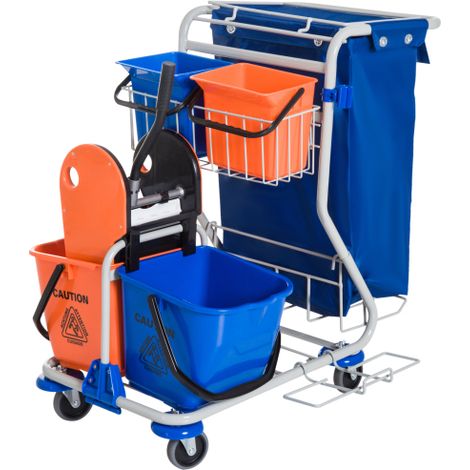 Carrello per la pulizia (con 4 secchi), carrello per mocio, carrello con ruote, blu/arancione, 100 x 70 x 103 cm In loco (1/5)